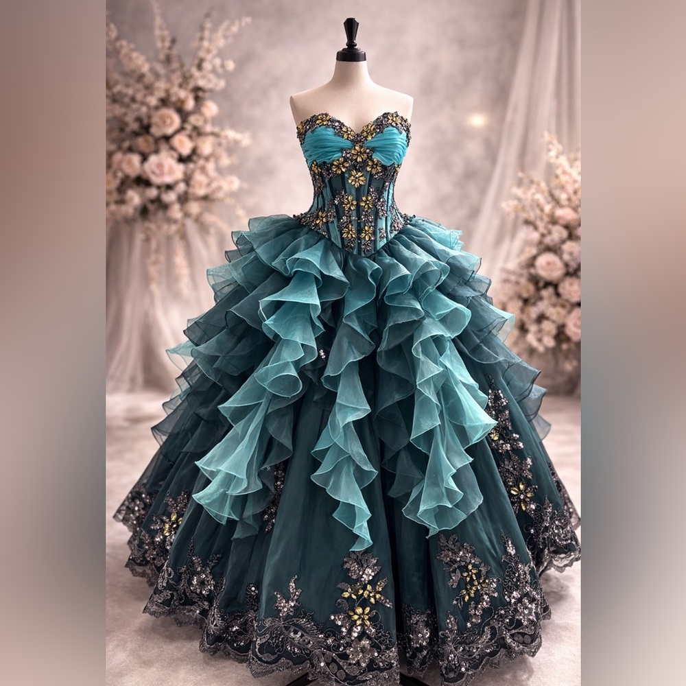 Princess Mary’s Bridal Two-Piece Ball Gown – Size 10 – Teal / Embellished Corset